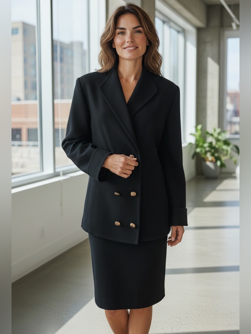 80s 2PC LOUIS FERAUD WOOL BLACK DESIGNER LUXURY MINIMALIST POWER SUIT SZ 12